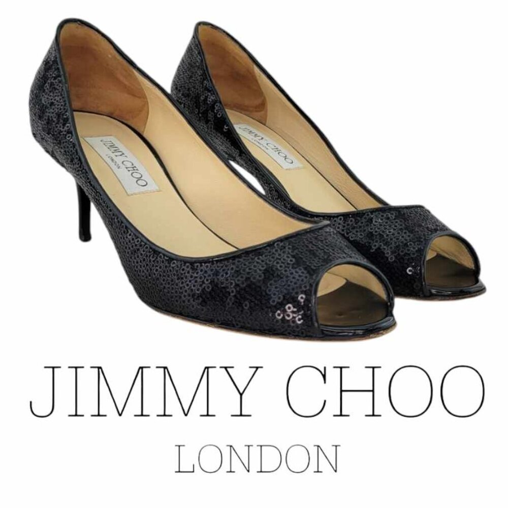 AUTHENTIC JIMMY CHOO Isabel Sequined Peep Toe Pump Sz 37 IT (US 7) - Black